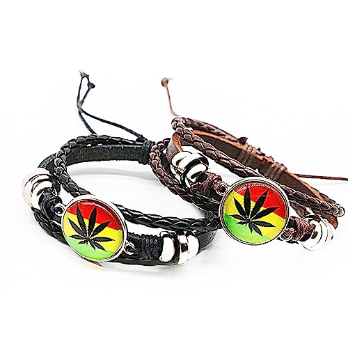 Yooce 420 Leaf Leather Wristbands Bracelet, 2 Pcs