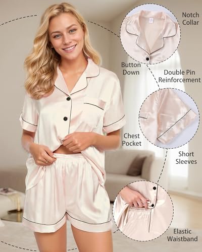 Image of 3 Piece Silk Satin Pajama Set for Women Soft Short Sleeve Button Down Pjs with Shorts Long Pants Sleepwear S-XXXL