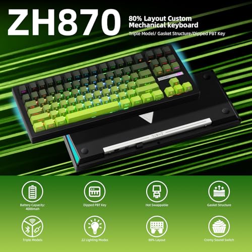 Image of ZORNHER ZH870 Wireless Mechanical Gaming Keyboard,80% Green Custom Creamy Sound Keyboard with Shine Through PBT Keycaps,Pre-lubed Linear Switches,Hot-Swappable,RGB Backlit,2.4GHz /USB-C /BT5.0