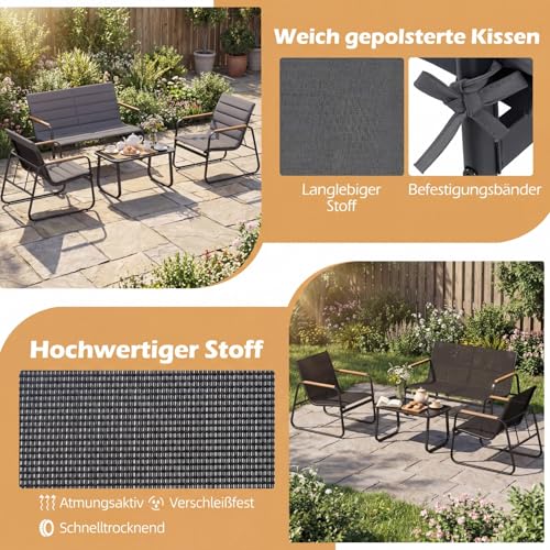 COSTWAY Gartenmöbel Set, Outdoor Lounge Möbel, Balkonmöbel Kleiner Balkon, Sitzgruppe mit 2 Stühlen, Bank, Tisch und Kissen, Sitzgarnitur, Terrassenmöbel, Gartengarnitur für Balkon, Terrasse, Garten