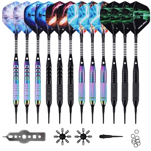 WIN.MAX Darts Plastic Tip - Soft Tip Darts Set - 12 Pcs 18 Gram with 100 Extra Dart Tips 12 Flights Flight Protectors and Wrench for Electronic Dart Board pink+silver+black+purple