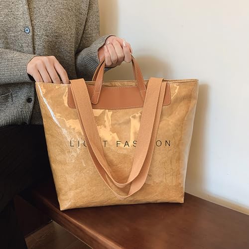 Image of PVC Clear Tote Bag for Women, Large Plastic Tote Beach Bag, Kraft Paper Hobo Handbag Purse with Top Handle