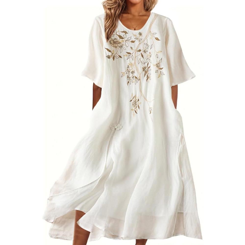Vestido Largo de Lino y algodón con Bordado Floral para Mujer, vestidoes Fluido de Verano con Media Manga y Cuello Redondo, Vestido Bohemio de Lino y algodón, Manga Larga para invitada de Boda.