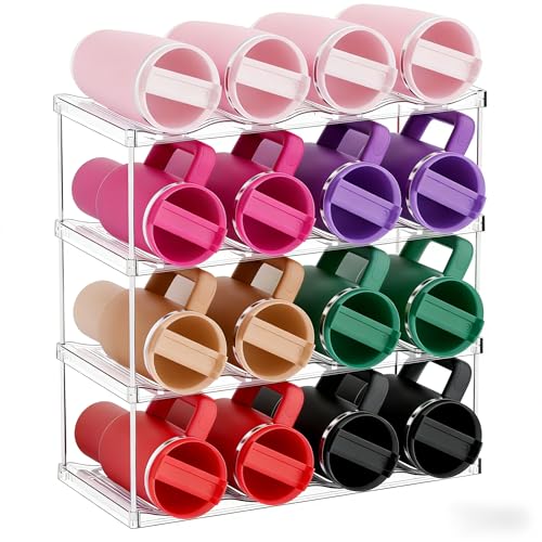Stackable Water Bottle Organizer for Cabinet,4 Tier Water Bottle Holder for Stanley Yeti 40 oz Bottle Shelf,Clear Tumbler Storage Organizer,Wine Rack,Cup Organizer for Kitchen Cabinets Counter Pantry