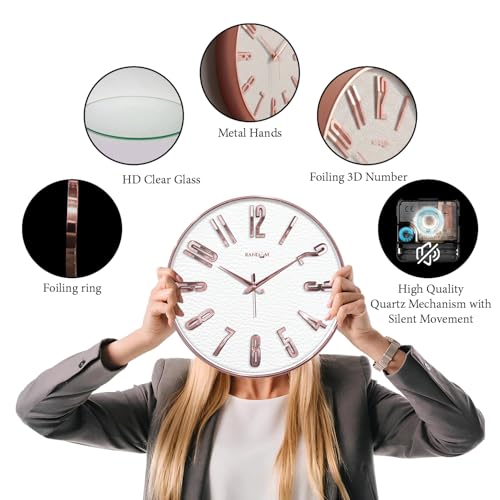 Image of RANDOM Sweep Silent Wall Clock, Non-Ticking Quartz Movement with 3D Foiling Numbers. (Rose Gold and White)