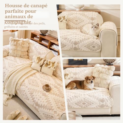 Housse de Canapé en Peluche Beige WEYOND 90x160 cm - 7