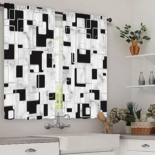 Black and White Window Curtain Gray Marble Abstract Kitchen Curtains Multicolor Geometric Checkered Bathroom Curtains Modern Living Room Bedroom Window Drapes Treatment Square Small Curtain 55″Wx39″L