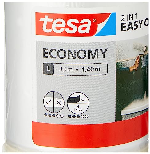 Image of tesa Economy Easy Cover 2-in-1 Masking Film for Painting and Masking Tape 33 m x 140 cm