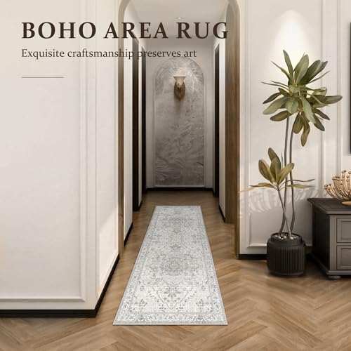 Deerly Vintage Runner Rug 2x6 Hallway Runners Boho Non-Slip Entryway Throw Rug Faux Wool Non-Slip Washable Low-Pile Floor Carpet for Indoor Front Entrance Kitchen Bathroom, Beige/Multi