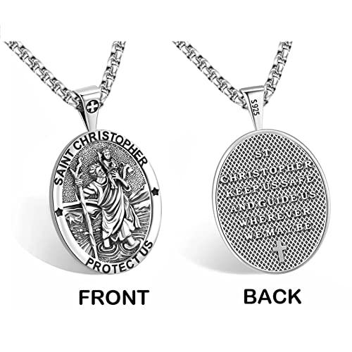 St Christopher Necklace 925 Sterling Silver St Christopher Medal For Men Saint Christopher Necklace For Women Oval St. Christopher Pendant Male St Christopher Medal Metal 24 Inch Chain Female Womens Saint Christopher Medallion #TOP3