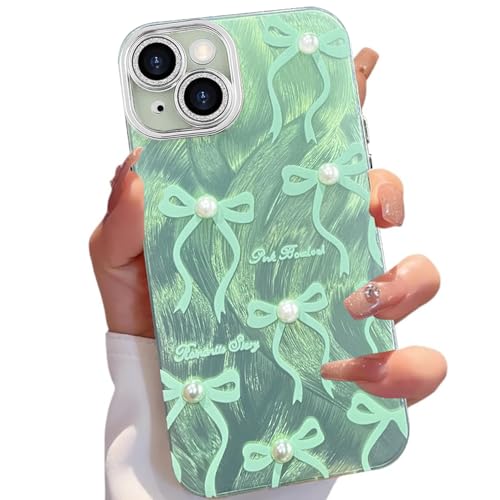 Image of VONZEE Compatible with iPhone 15 Plus 6.7'' Case Luxury Pink Girly Cute 3D Bow Pearl Glitter Bling Case with Full Camera Protection Shockproof PC+TPU Glossy Shiny Cover for Girls Women, Green