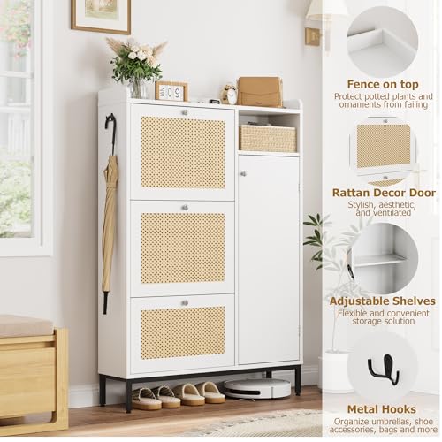 GarveeHome Shoe Cabinet Rattan with 3 Flip Drawers and 4-Tier Shoe Storage Cabinet, Freestanding Shoe Organizer with Adjustable Shelves for Entryway, Closet, Hallway (White)