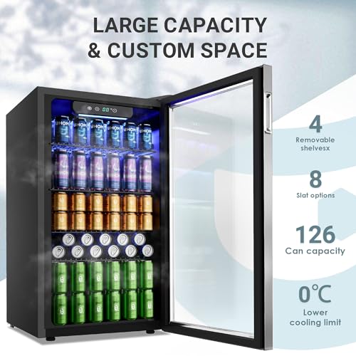 EUHOMY 90L Getränkekühlschrank, Minikühlschrank für 126 Dosen mit Glastür, kleiner Kühlschrank mit verstellbaren Regalen für Limonade, Bier oder Wein, perfekt für Zuhause/Bar/Büro, Silber, Edelstahl