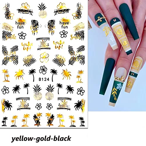 Ocean Nail Stickers Summer Nail Art Decal Nail Decoration Supplies Black Gold Palm Fish Nail Design For Women Girls 3D Self-Adhesive Nail For Acrylic Nail Manicure Tips (Ocean) #TOP1