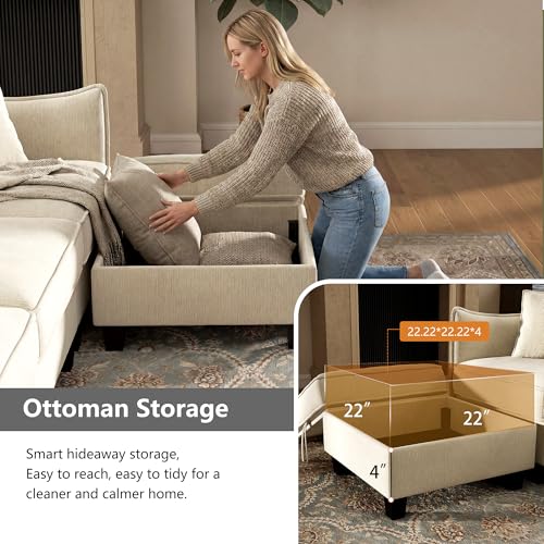 Image of Ihanherry 112 inch Modular U-Shaped Sectional Sofa, Modern 6-Seat Cloud Couch with 2 Storage Ottomans, Comfy Chenille Convertible Furniture Set for Living Room, Apartment, Easy Assembly, Beige