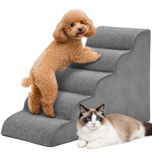 DUMOS Dog Stairs for Small Dogs and Cats, 5-Step Curved Pet Dog Steps, Gray