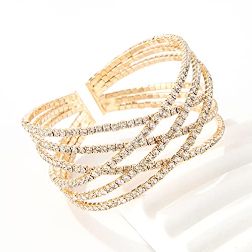 Sparkly Multi-layer Cross Rhinestone Crystal Cuff Bracelet Bangle for Women Costume Jewelry Formal Wedding Party3