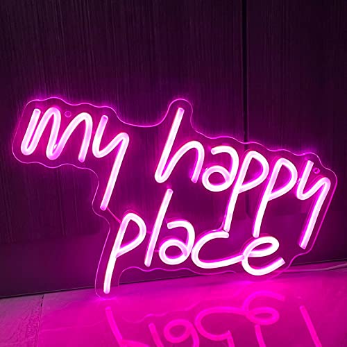 GGK My Happy Place Neon Sign LED Light up My Happy Place Sign for Wall Decor Pink Neon Lights Neon Letters Room Aesthetic Accessory (My happy place) - Thumbnail 2