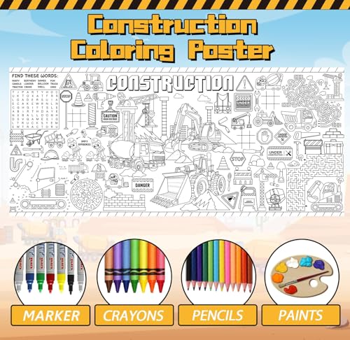 Image of Construction Giant Coloring Poster for Kids Large Coloring Tablecloth Big Paper Sheets Page Dump Truck Table Cloth DIY Activity Game Art Crafts Mat Wall Home Classroom Party Decoration Supplies
