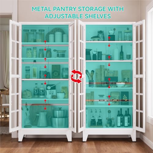 Image of Metal Storage Cabinet with Glass Doors and Adjustable Shelves | 71 inch Tall Pantry Cabinet for Kitchen Dining Room Bathroom Garage,White,1 Pce