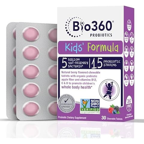 Bio360 Kids Probiotic Supplement, Daily Support for Kid's Gut, Immune, Brain & Whole Body Health, 15 Strains 5 Billion CFU, Organic Prebiotic Apple Fiber, 30 Chewable Mixed Berry Flavor Cover