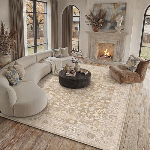 6x9 Taupe Washable Area Rug for Living Room Bedroom Neutral Soft Floral Non Slip Large Throw Rug Lightweight Vintage Low Pile Distressed Carpet Office