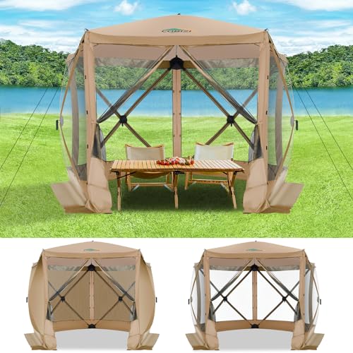 Image of COBIZI 10x10 Pop up Gazebo Screen House Tent for Camping, Pop-up Camping Canopy with Sidewalls, Portable Outdoor Quick-Set Hub Tent with Carrying Bag&Ground Stakes, Khaki(Upgraded 2.0)
