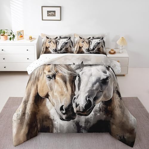 Loussiesd Juego de edredón de plumón de caballo, tamaño King, juego de ropa de cama con diseño de caballo galopante para parejas, mujeres y hombres, lindo edredón de decoración de animales,