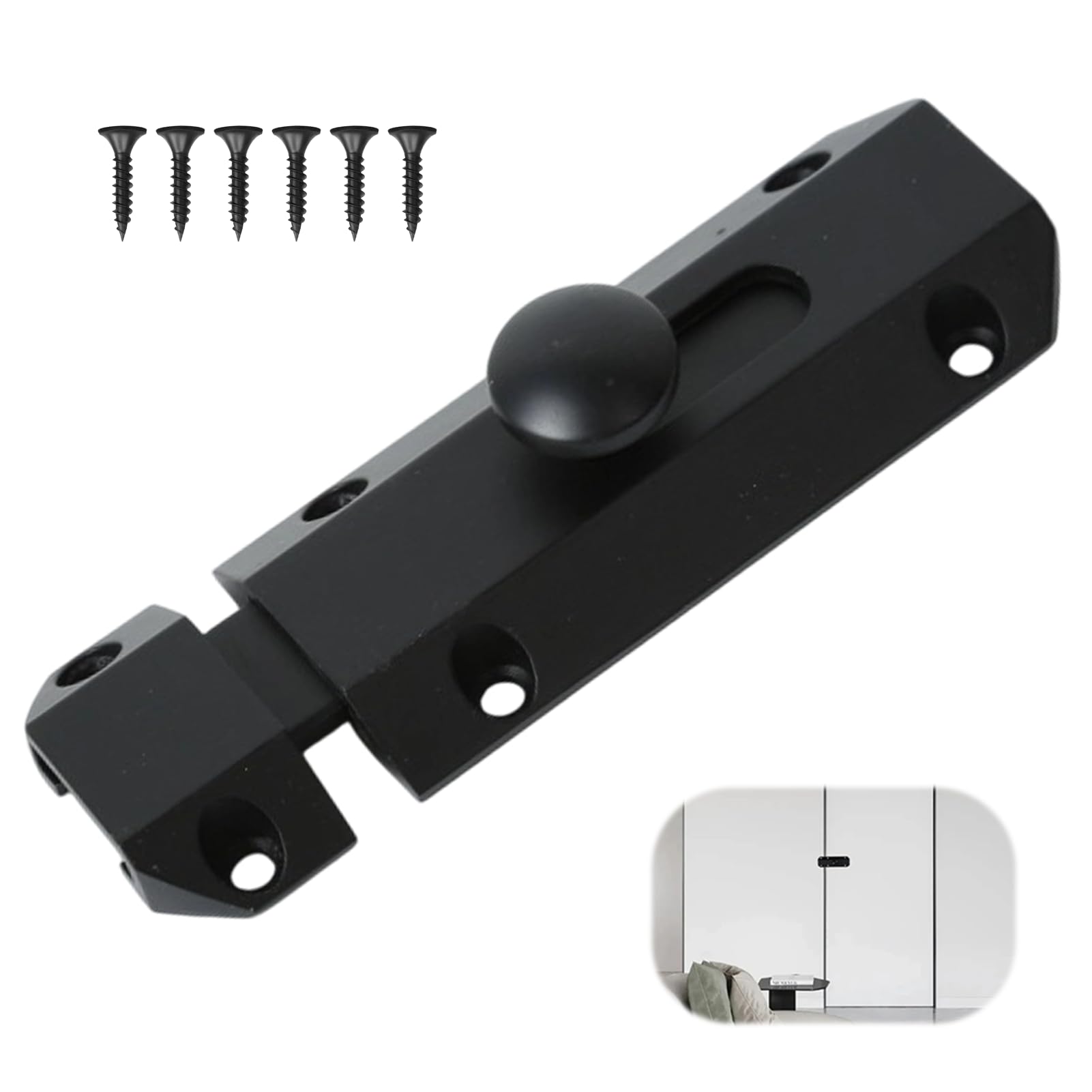 Bolt Lock, 1 Pcs Sliding Door Bolt, Sliding Door Bolts for Internal Doors, Suitable for Bedroom, Bathroom, Garden, Garage, Cupboard, Kitchen and Office Doors (Black)