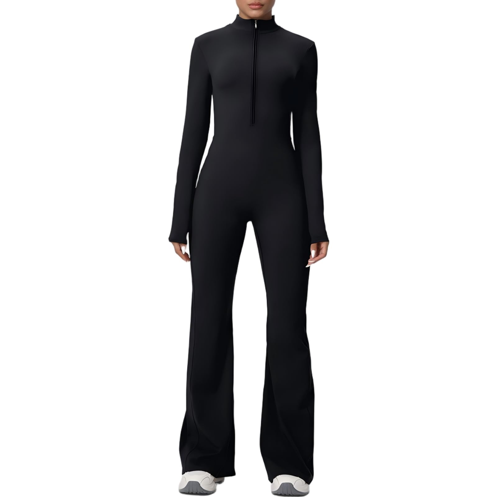 Tuta da allenamento da donna con cerniera e scollo a V, a maniche lunghe, svasata, tuta elastica per sport, palestra, abbigliamento sportivo e fitness quotidiano