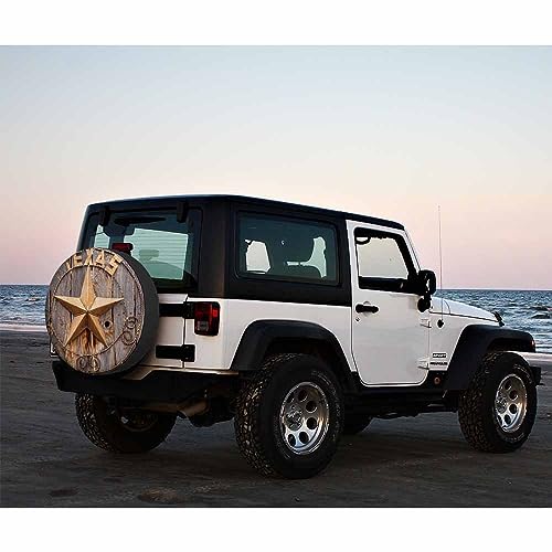 Image of Old Texas Star Sign Spare Tire Cover Retro Brown Rusted Star Wooden Fence Lone Weatherproof Universal Wheel Protectors Camper Tire Covers for Trailer Rv Travel(17 inch)