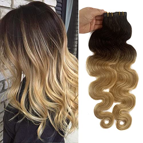 Short Hair Extensions Blonde Highlights 16 Inch 30grams Tape Extensions Human Hair 20pcs Skin Weft Brown to Blonde Mixed Real Hair Tape in Extensions, Color(H#2/613)