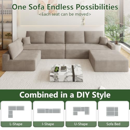 Image of Oversized Modular Sectional Sofa Couch, Large 6 Seater Corner Sofa Modern U Shaped Sectional Couch with Ottoman Cloud Couches for Living Room, Office, Spacious Space, Corduroy, No Assembly, Camel