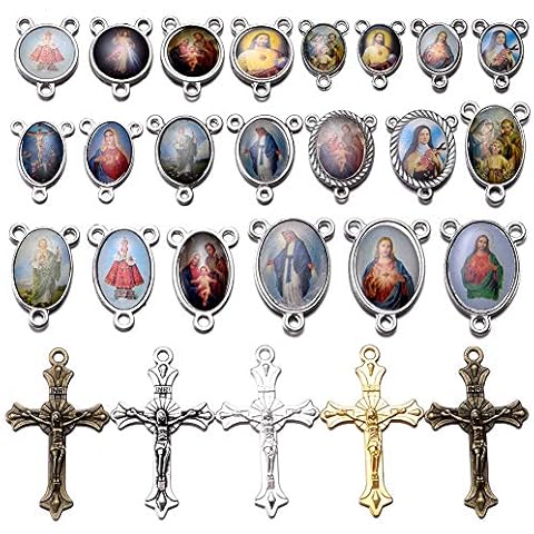 80pcs/40sets Rosary Cross and Center Miraculous Medal Charms Silver Picture Jesus Enamel Maria Our Lady Alloy Crucifix Pendants for DIY Necklace Bracelet Jewelry Making (A544) Cover