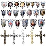 80pcs/40sets Rosary Cross and Center Miraculous Medal Charms Silver Picture Jesus Enamel Maria Our Lady Alloy Crucifix Pendants for DIY Necklace Bracelet Jewelry Making (A544)