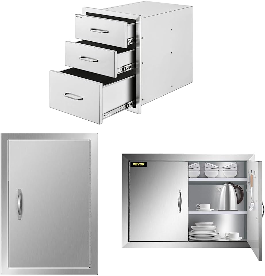 17W x 30H x 21D Inch Stainless Steel Outdoor Kitchen Double Access Drawers Combo with 24W x 24H Inch BBQ Access Doors