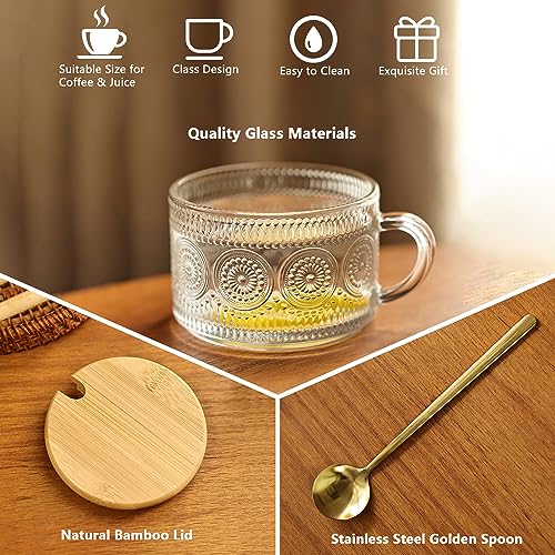 Vintage Glass Coffee Mugs Set of 2,Clear Embossed Glass Tea Cups with Bamboo Lids and Spoons, Cute Coffee Bar Accessories - Image 3