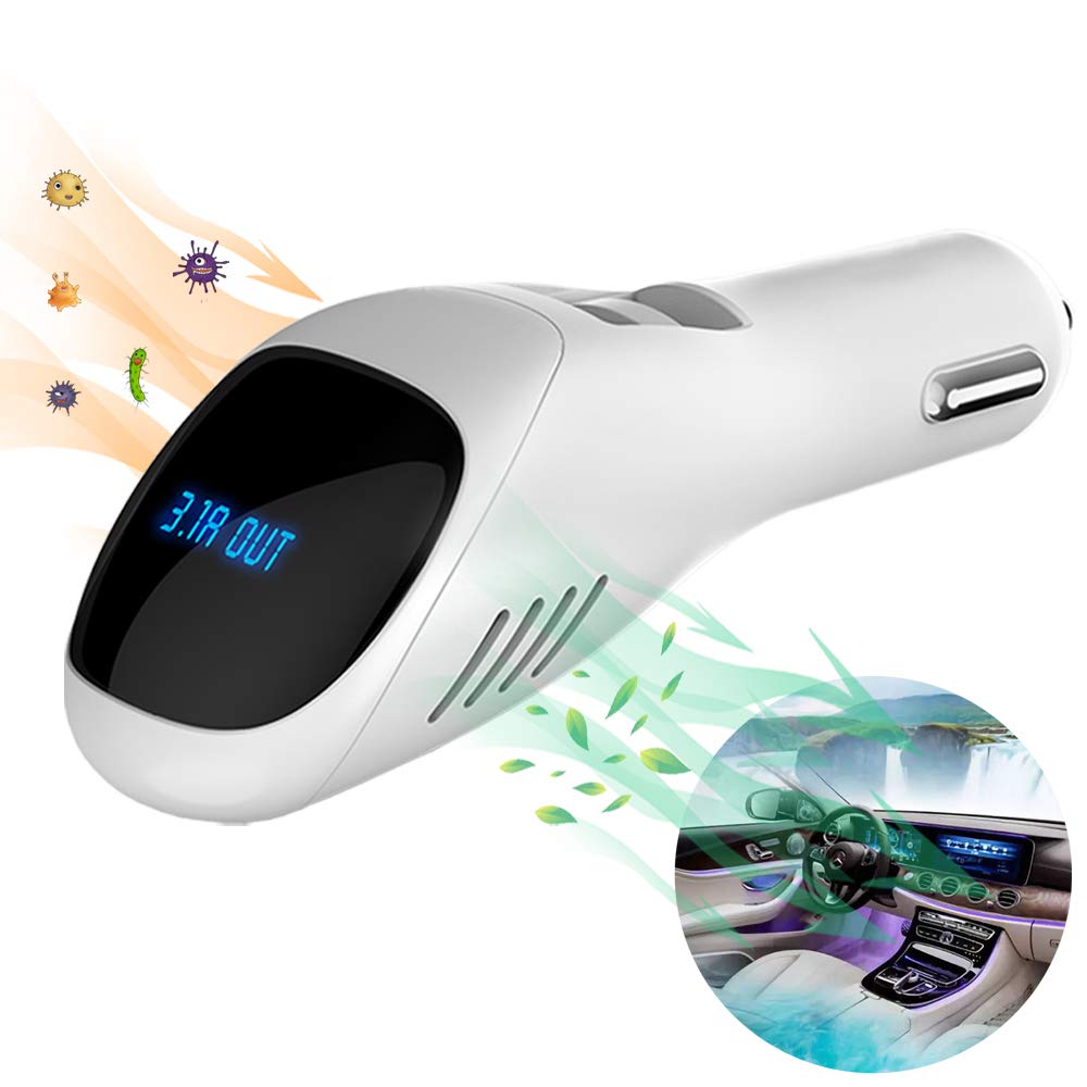 Mars Forest Car Air Purifiers, 12V Plug-in Car Ionizer HEPA with Dual USB Charger | Remove PM 2.5 Smoke, Pet and Food Odor, Ionic Ozone Air Purifier(White)