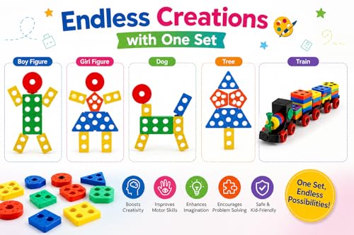 Image of Happy Kids Building Blocks Train Toy Set | DIY Creative Construction with Wheels | Educational | Motor Skills Development | Multicolor Plastic Blocks Set