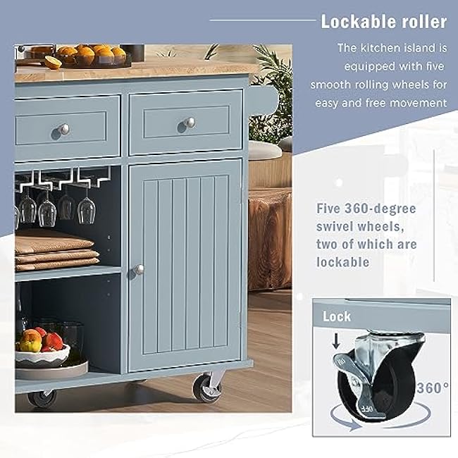 Versatile Kitchen Island for Enhanced Living, Convenient Power Outlet, Drop Leaf Design with Open Storage and Wine Rack, Grey Blue-6LZhObFS