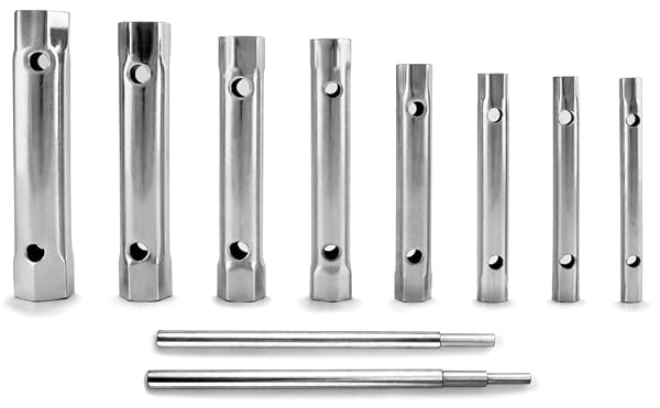 QWORK Spark Plug Wrench Set, Box Spanner Set, 10 Pcs Tubular Spanners, Steel Tube Spanner and T Bar Tool Kit 6 x 7-20 x 22 mm with 2 Tommy Bars by QWORK - Used condition - US$11.02