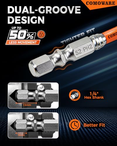 Image of COMOWARE 2 Inch PH2 High Magnetic Impact Screwdriver Drill Bit Set, 21PCS, #2 Anti-Slip Phillips Bits, S2 Steel, Chrome Plated Driver Bit Set with CNC Magnetic Impact Bits for Power Drill