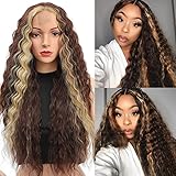 BETHANY Long Deep Wave Wig Curly Brown Wigs for Women 28 Inch Brown Mix Blonde Synthetic High...