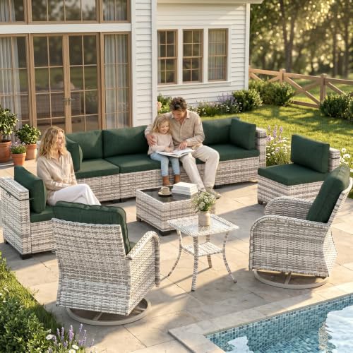 Image of Outdoor PE Wicker Rattan Modular Patio Sectional Sofa Set | 10-Piece: 6 Modular Seats, Coffee Table, 2 Swivel Rocking Chairs & Side Table, Dark Green