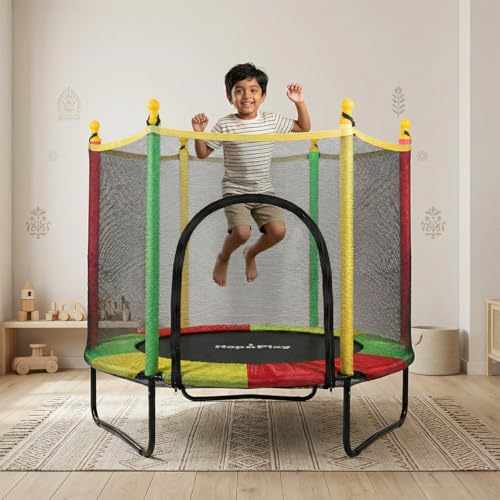 Image of Hop N Play 55-Inch Round Trampoline for Kids & Adults with Safety Net | Indoor Mini Jumping with U-Shaped Legs | Foldable & Safe Jumping for Home Use | 120 Kgs Capacity