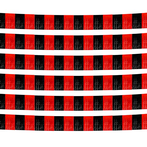 Image of 6 Pack 10 Feet Black Red Foil Fringe Garland Metallic Tinsel Streamers Banner Wall Hanging Curtain Backdrop Banner for Parade Floats, Thanksgiving, Christmas, Birthday, Halloween Party Decorations