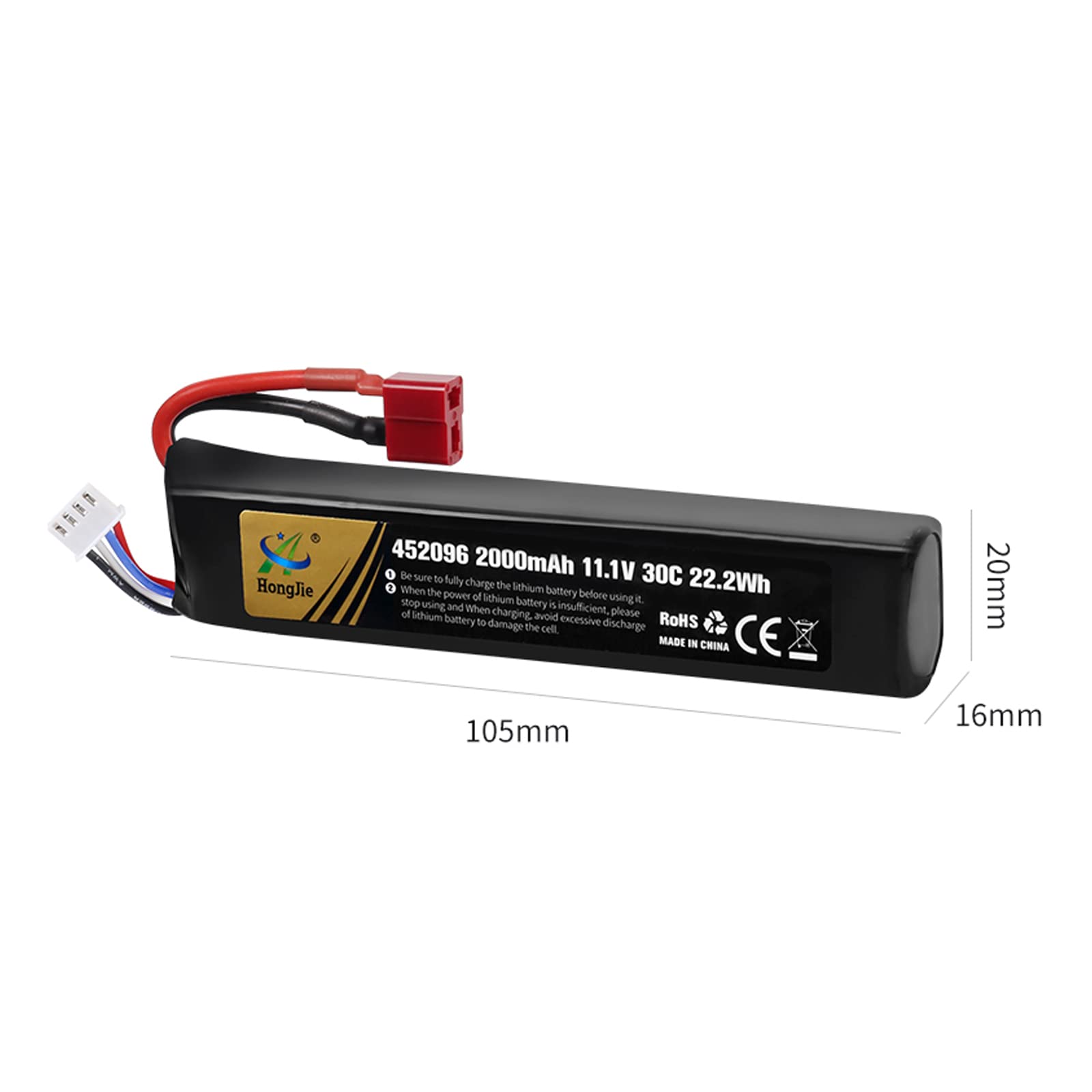 HHZ 11.1V 2000mAh Airsoft Battery 30C Rechargeable LiPo Dean T Plug 452096 for Guns Rifle with USB Cable (3S 452096)