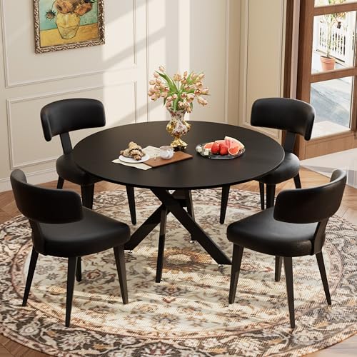 Image of Wood Dining Table Set for 4, 47 inch Round Kitchen Table with 4 Faux Leather Dining Chairs, MDF Tabletop with Metal Legs, Ergonomic Dining Chair with Metal Legs(Black Table with Black Chairs)