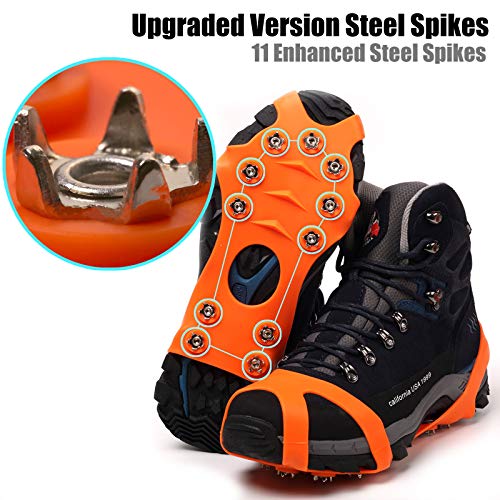 11 Spikes Crampons, Upgraded Version Stainless Steel Anti-Slip Microspikes, Ice Cleats Grips for Hiking Shoes and Boots, Hiking Fishing Walking Mountaineering (Orange, Large:Men(10-13.5)/EU:44-48)