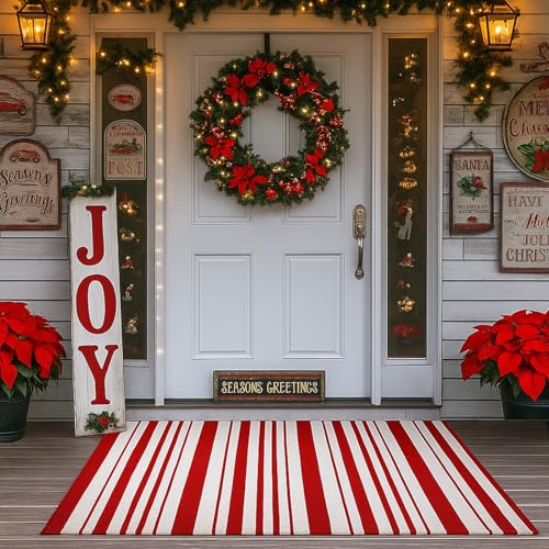 Duraaamo Red and White Striped Rug 2 x 3 Christmas in July Area Rug Machine Washable Front Porch Door Mat Welcome Layered Doormat for Summer Christmas Outdoor Farmhouse Entryway Decor
